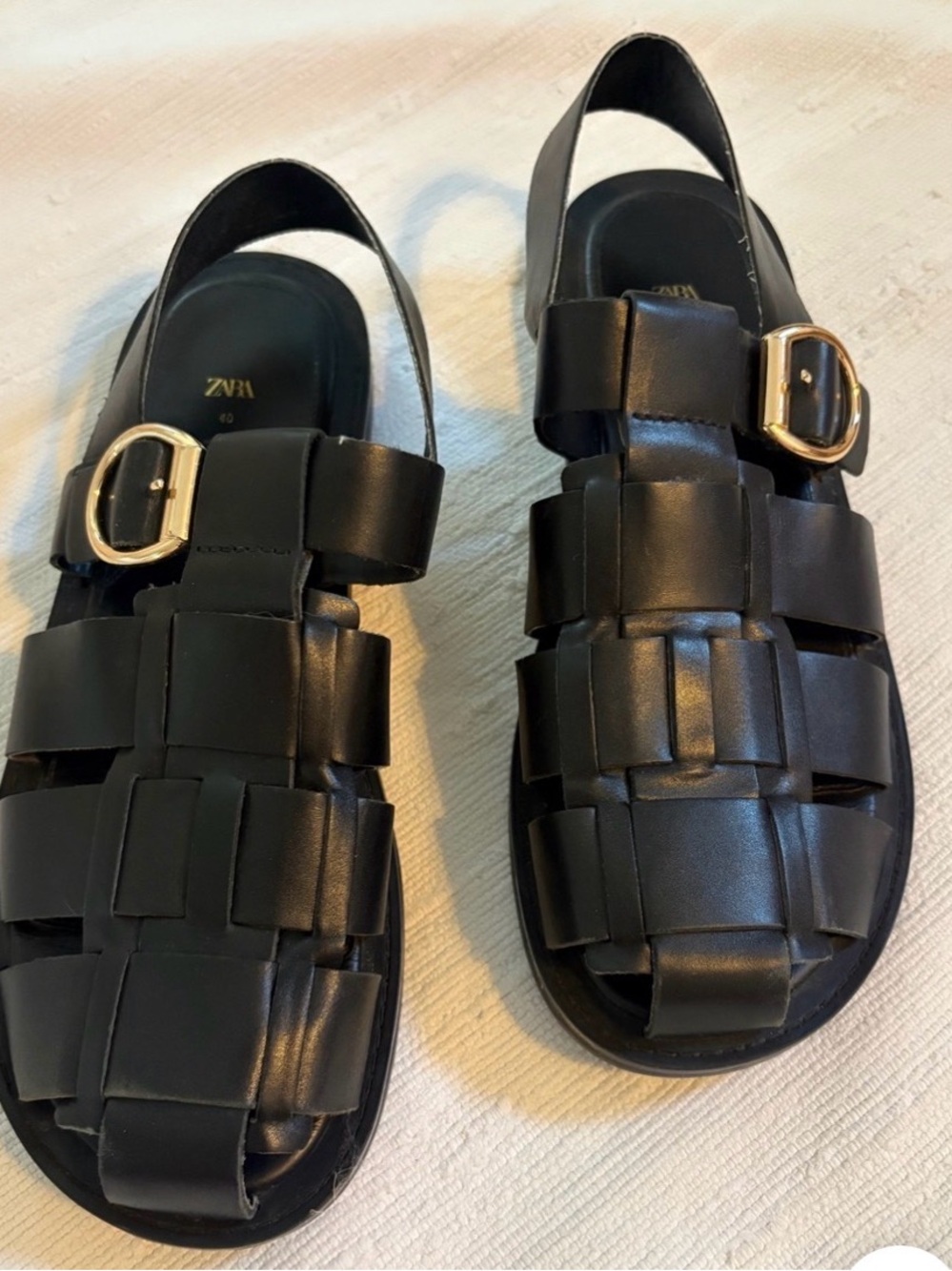 Zara Women’s Black Woven Leather Fisherman Sandals with Gold Buckles Size 9